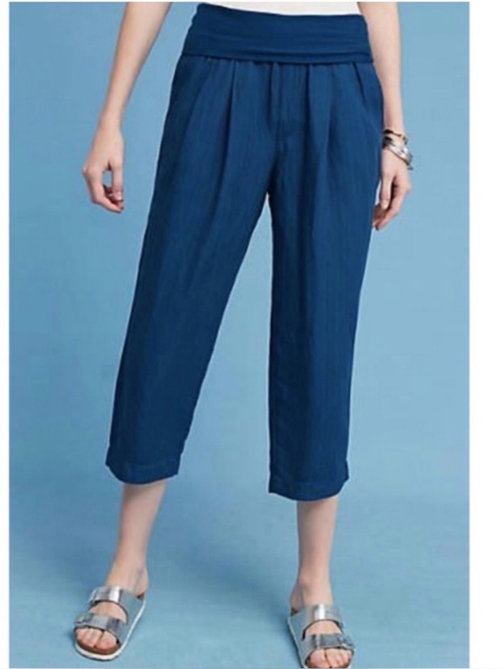 Anthropologie Hei Hei Eventide Blue Linen Blend Cropped Pleated Pants XS boho